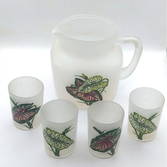 Vintage Mid-Century Caladium Frosted Glass Juice Pitcher & Four Cups 5-Piece Set - Picture 2 of 13